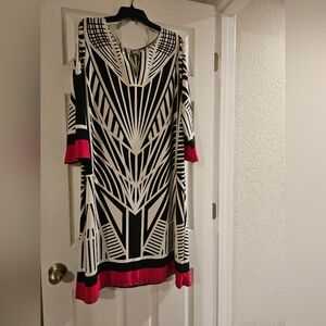 Geometric Black and White Dress with Pink Accents